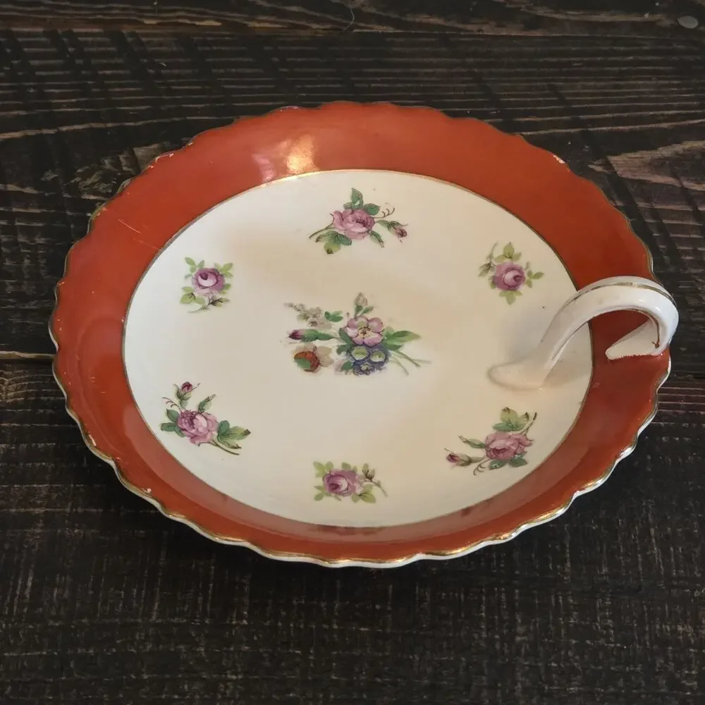 TAKITO Japan Lemon Wedge Server Red Rim Pink Roses, Gold Trim 6 1/8
